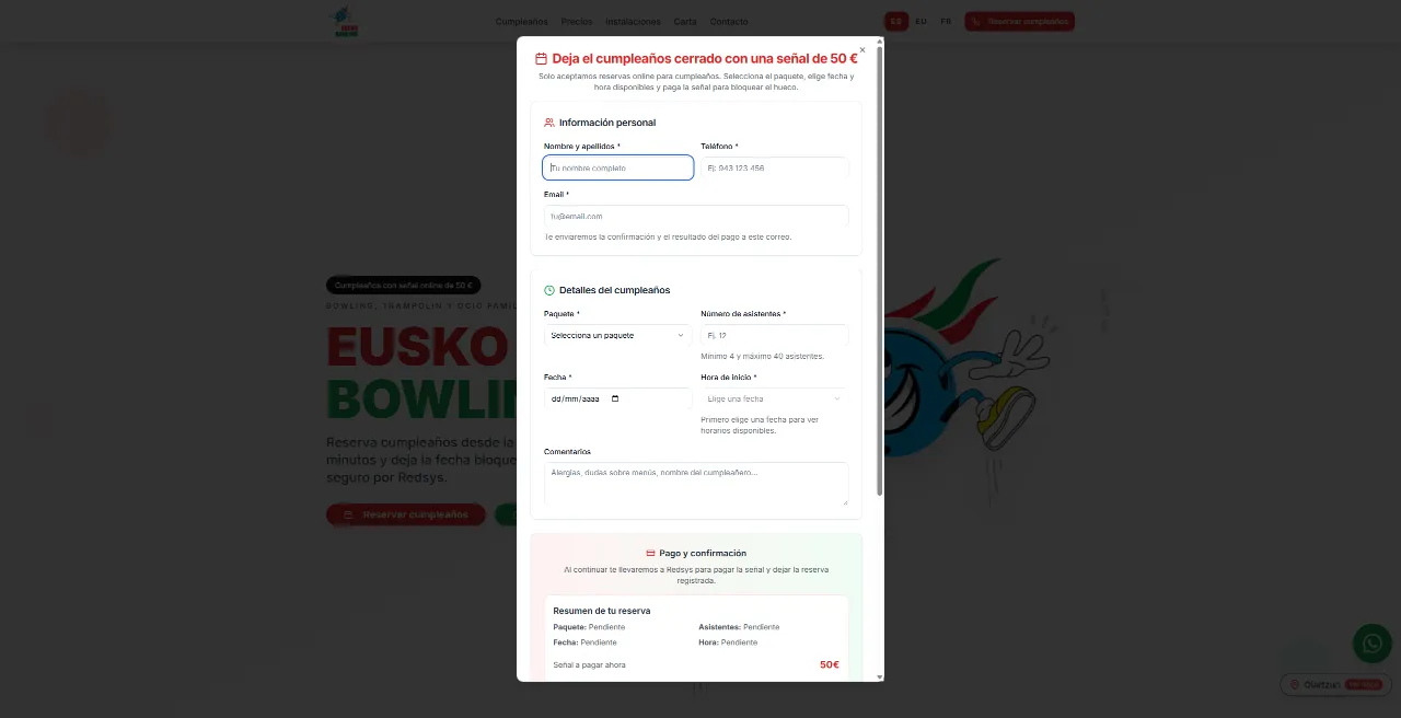 Sistema de reservas online desarrollado para Eusko Bowling